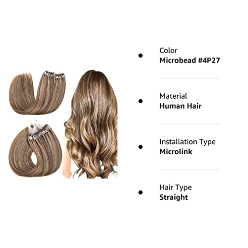 Sisily Micro Link Human Hair Extensions, Ombre Chocolate Brown To Caramel Blonde Balayage Micro Loop Ring Hair Extensions, Soft Micro Bead Hair Extensions Cold Fusion Stick Tipped Straight #TOP7