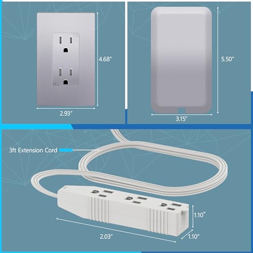 Image of LIDER Flat-Face Outlet Extender with 3 Receptacles, Ultra-Thin Wall Plate Plug with Cord Extender and 3-Outlet Power Strip, 3ft Cord, LWE3-315-SV, SV