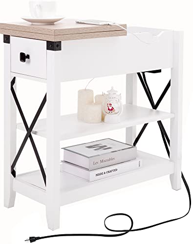 Awescuti Narrow End Table With Charging Station Farmhouse Slim Side Table With Usb Ports And Power Outlets, Nightstand With Flip Top And Storage Drawer, For Small Spaces Living Room Bedroom, White #TOP6
