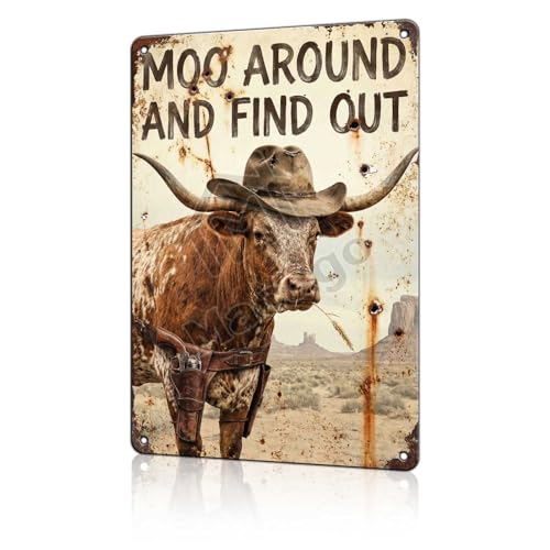 macago Western Cowboy Cow Metal Wall Art - Moo Around and Find Out Funny Tin Sign for Ranch, Saloon, or Bar Decor - Rustic Bull Character Sign - Country Home Decoration 8x12