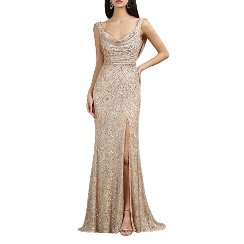 Buy Women's Sexy Apricot Sequin Thigh Split Long Backless Gown Cocktail ...