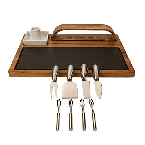 Zelancio Slate Cheese Board Set - 12-Piece Charcuterie Set Includes 4 Stainless Steel Cheese Knives, Bigger Acacia Serving Tray With Slate Board, And Wood Tool Holder #TOP1