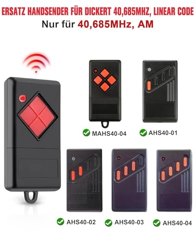 Selridasia Garagentoröffner Fernbedienung Ersatz für Dickert MAHS40-01 40,685MHz AM Dip-Schalter Handsender Ersatz für Dickert AHS40-01 AHS40-04 MAHS40-04, 1 Stück