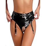 Moggemol Damen Wetlook Ouvert Slip String Tanga Lack Leder Shorts Haute Taille avec 4 Bretelles Porte Jarretelles Dessous Erotiques Ouvert A L Entrejambe Noir L
