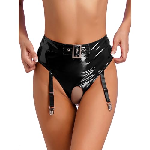 Moggemol Damen Wetlook Ouvert Slip String Tanga Lack Leder Shorts Haute Taille avec 4 Bretelles Porte Jarretelles Dessous Erotiques Ouvert A L Entrejambe Noir S