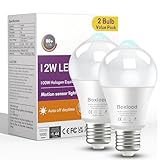 Boxlood LED Motion Sensor Light Bulbs Outdoor Indoor, 12W(100W Equivalent) A19 E26 Motion Activated Dusk to Dawn Ampoule Exterieur, 6000K Cool White for Porch Garage Basement Hallway Stairs, 2 Pack