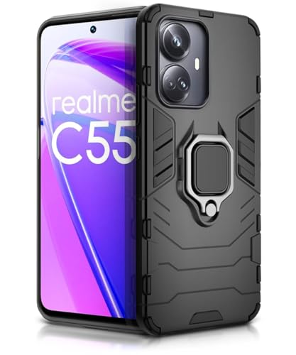 Image of WOW IMAGINE Shock Proof Back Case Mobile Cover for Realme C55 | Realme Narzo N55 | Back Cover Case (Tough Armor | Hybrid PC + TPU | Ring Holder & in-Built Kickstand | Black)