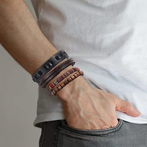 Branets Mens Leather Bracelet for Men Wood Beaded Bracelets Braided Punk Goth Vintage Bracelets Beaded Handmade Adjustable Bracelet Rope Wrap Set