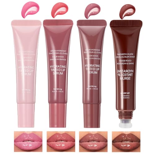 Pakivs 4 Colors Jelly Tinted Lip Serum Gloss,Hydrating Nourishing Lip Plumping,Long-Lasting Moisturizing with Polypeptide,Non-Sticky Glossy Lip Glaze Makeup
