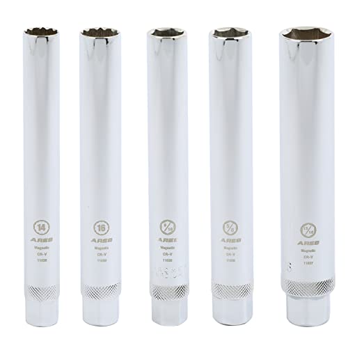 Ares 11034-5-Piece Extra Deep Magnetic Spark Plug Socket Set – 3/8-Inch Drive Spark Plug Sockets - 6-Inch Length 6-Point And 12-Point Sockets – Foam Storage Tray #TOP5