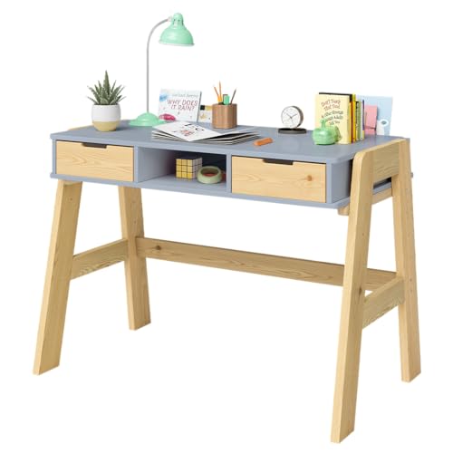 Bellabino Campo Kinderschreibtisch höhenverstellbar 56-75 cm – Schreibtisch Kinder ab 6 Jahren mit 2 Schubladen – Schülerschreibtisch mit viel Stauraum aus Massivholz Kiefer in Blau