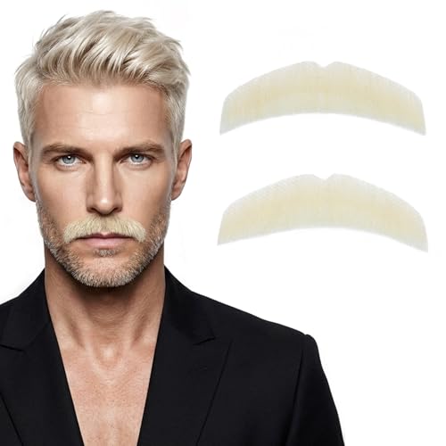 Prejoye Realistic Mustache Human Hair Handmade Fake Beards with Invisible Soft Lace Natural Looking Costume Facial Hair (Blonde)