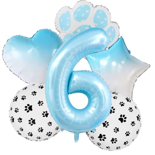Image of 40 Inch Light Blue Paw Print Number 6 Foil Balloon Dog Cat Themed Set