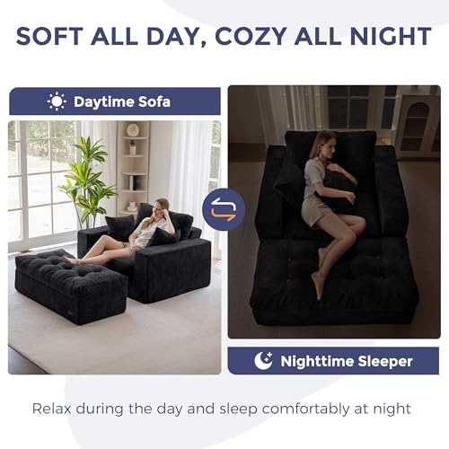 Image of MAXYOYO Modular Sectional Chaise Lounge Sofa, Upholstered Lounge Chair with Ottoman, Comfy Couch with Layered Cushion, Tufted Upholstered Sleeper Chair for Living Room, No Assembly, Black