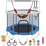 150cm Trampoline Exterieur Enfant, Multifonctionnel 5 en 1 Trempoline avec Balançoire, Panier Basket, Anneaux, Filet Sécurité et Ventouses Antidérapantes, Hauteur Réglable pour Enfants 2 à 9 Ans