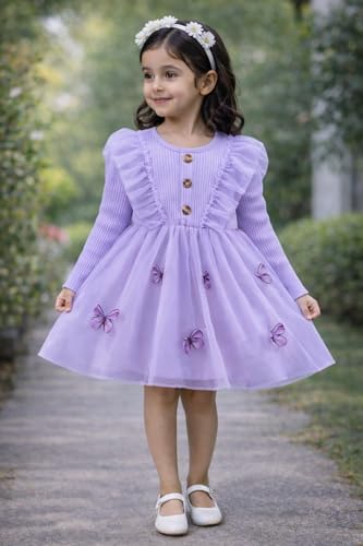 Image of Buy & Try by Dharmikaay Girl's Lycra Floral Printed Frock Dress for Girls Short Frock Baby Princess Western Dresses| Stylish Fancy Kids Clothing for Festival, Birthday, Fashion. Purple