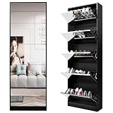 Organizedlife Schwarz Schuhschrank mit Spiegel, 185 cm Langer Spiegel, 5 Klappschubladen und Platz für 20 Paar Schuhe, für Eingangsbereich, Schlafzimmer