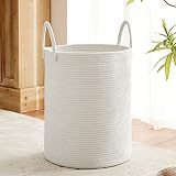 White Woven Rope Laundry Hamper by TECHMILLY, 58L Tall Laundry Basket for Blanket Storage, Large Bab