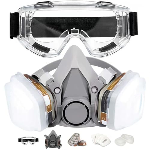 Reusable Respirator Mask: Half Face Cover Gas Mask with Safety Glasses Paint Face Cover Faces with Filters for Painting Chemical Woodworking and Other Work Protection