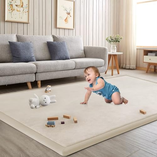 Image of ILPEOD Baby Play Mat for Floor Tummy Time Mat Nursery Rug Muscle Mat Area Rug Playroom Rug Tatami Mat 71x79" Memory Foam 1.3" Thick Crawling Mat for Babies,Toddlers, Infants, Kids,Floor Mat(Beige)