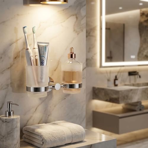 QWORK® Zahnbürstenhalter zur Wandmontage, Zahnbürstenhalter aus Edelstahl 304, Zahnbürstenhalter mit 2 Mundwasserbechern