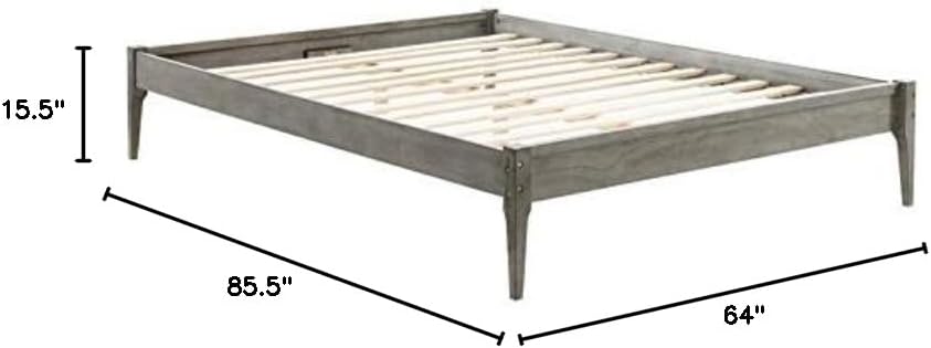 Hawthorne Collections Modern Wood Queen Platform Bed Frame, Gray Finish, 15.5" H x 64" W x 85.5" D, Sturdy Slat Support System, Rubber Wood Legs, Mid-Century Style Bedroom Furniture