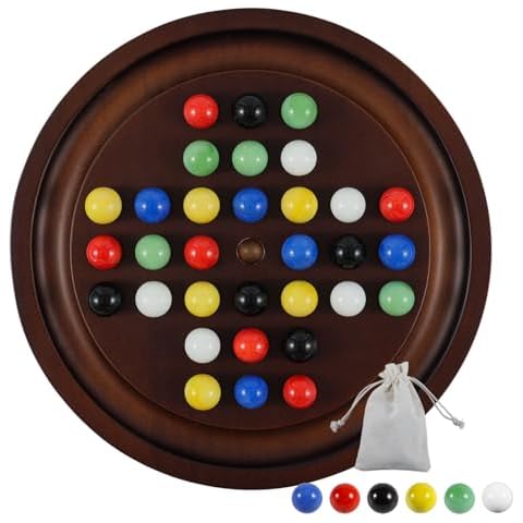 Medikaison Mini Solitaire Marble Game Set Wood with 36 Multicolors Natural Stone Marbles Pieces Adults Classic Deluxe Game for Game Night Party and Gatherings (Light Walnut) Cover