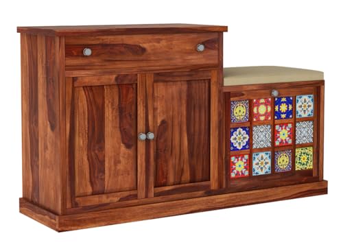 Image of The Attic Lewiston Shoerack, Shoe Storage Cabinet for Home, Shoe Rack with Seat & Door, Shoe Organizer, Shoe Rack for Home, Honey Matte Finish