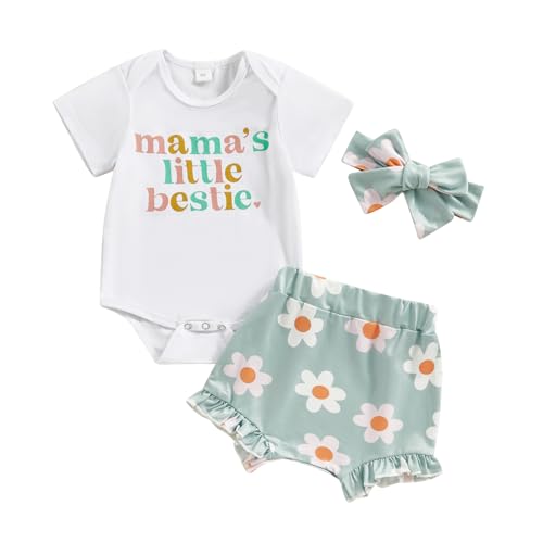 Image of Baby Girls Summer Short Clothes Mama's Little Bestie Letter Print Bodysuit Daisy Bloomer Shorts Headband 3Pcs Outfit