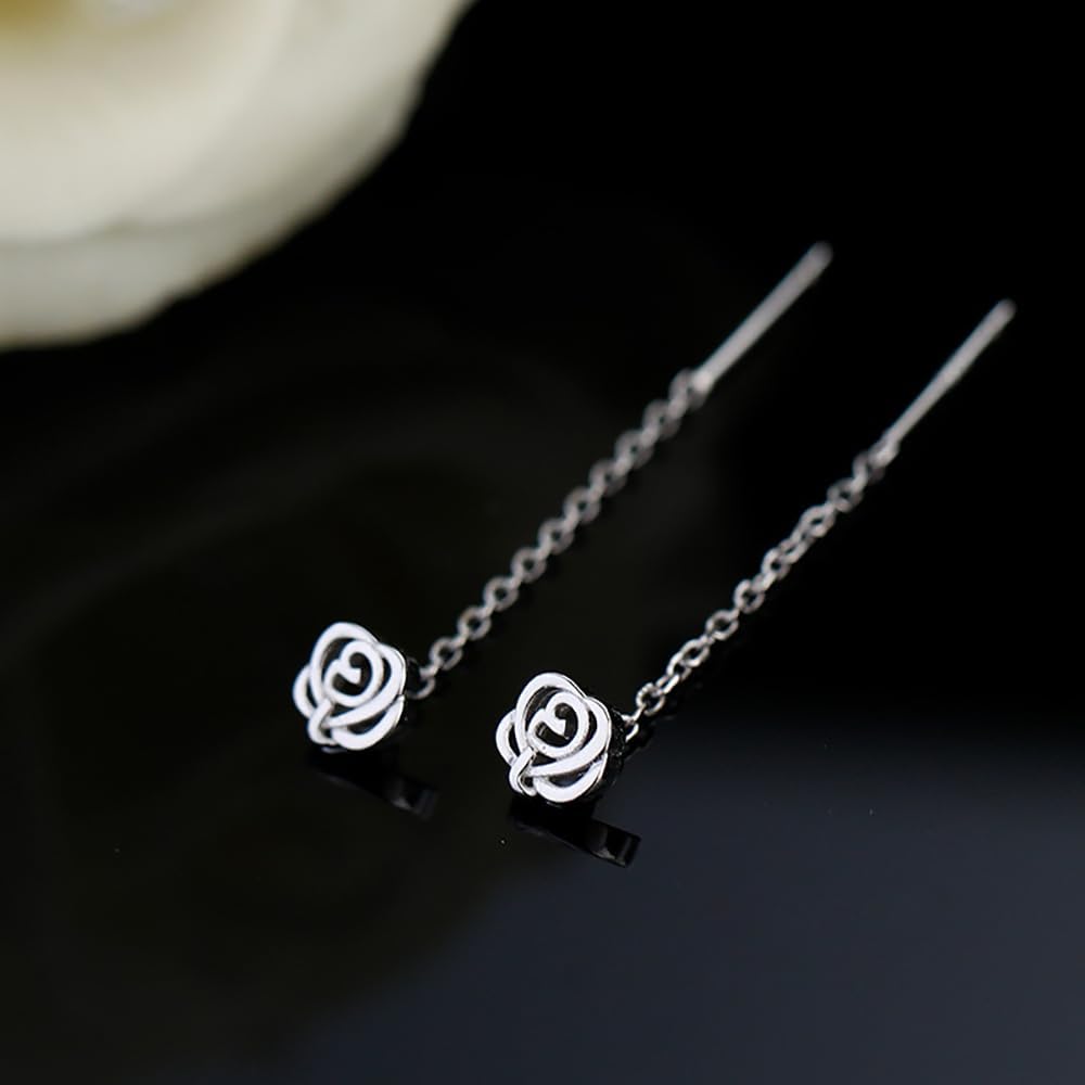Solid 925 Sterling Silver Rose Flower Dangle Chain Earrings Drops for Women Teens Small Flower Dangle Earrings Tassel Threader Hypoallergenic - Image 4