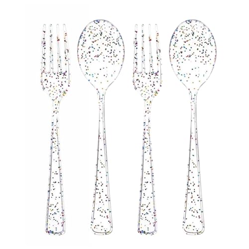 Blue Orchards Rainbow Dot Plastic Spoon and Fork Set (50 Each) – Durable Polkadot Utensils, Heavy Duty Disposable Colored Cutleries and Plastic Utensils for Parties, Birthdays, Weddings and Events