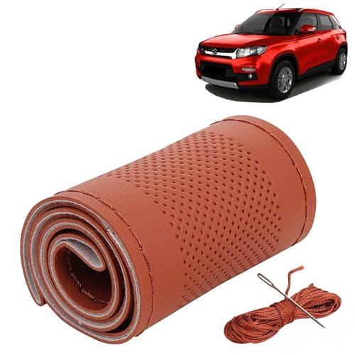 Image of KINGSWAY PU Leatherite Car Steering Cover Sewable Compatible with Maruti Suzuki Vitara Brezza (Year 2016-2019), Tan Color with Tan Thread, Pack of 1 with Sewing Needle and Thread