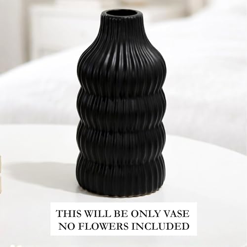 Image of Modern Ribbed Ceramic Vase - Matte Black Decorative Flower Vase for Home Decor, Table Centerpiece & Living Room Styling