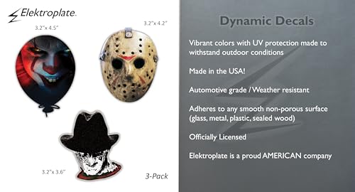 Image of Elektroplate Classic Horror Movie Characters Dynamic Car Decal Set of 3 | Officially Licensed Freddy, Jason & Pennywise; Weatherproof Automotive Grade Vinyl Sticker for Water Bottle, Laptop & More