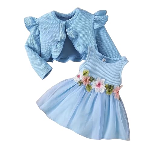 DivingBirds Vestido de niña y cárdigan para bebé, juego de 2 piezas, estampado floral sin mangas, mariposa, fiesta, tul, vestido de manga larga, abrigo de otoño e invierno, ropa casual para niñas