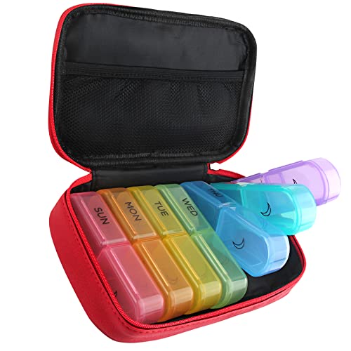 Pilulier Semaine Matin Soir Pilulier Hebdomadaire 7 Jours Matin et Après Midi Deux Fois Par Jour Sac en Cuir PU Avec Fermeture éclair Paquet Huile de Poisson, Vitamines (rouge) Cover