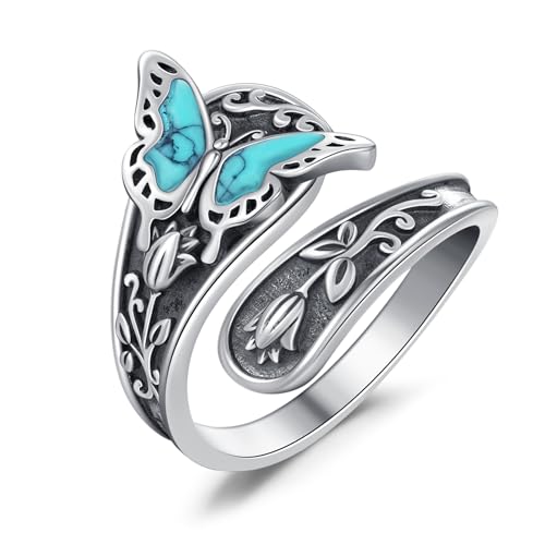 Eusense Anillo de plata de ley 925 con turquesa Anillo Mariposa con Cuchara Anillos Ajustables para el Pulgar Anillos Antiguos Vintage Abiertos para Mujer Joyas Regalos
