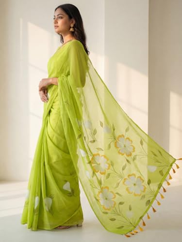 Image of AKHILAM Women's Cotton Saree with White Daisy Floral Prints Tassel Pallu Lightweight Summer Saree