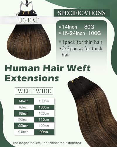Image of Ugeat 24 Inch Weft Hair Extensions Human Hair, Sew in Weft Hair Extensions Human Hair 100g, Sew in Extensions Dark Brown Balayage Medium Brown, Easy Wash