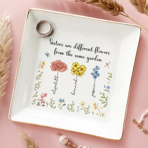 Joy Crafters Sisters Are Different Flowers From The Same Garden, Personalized Birth Month Flowers Jewelry Tray with Names, Best Friend Birthday Gifts For Women Her BFF, Sister Gifts From Sisters