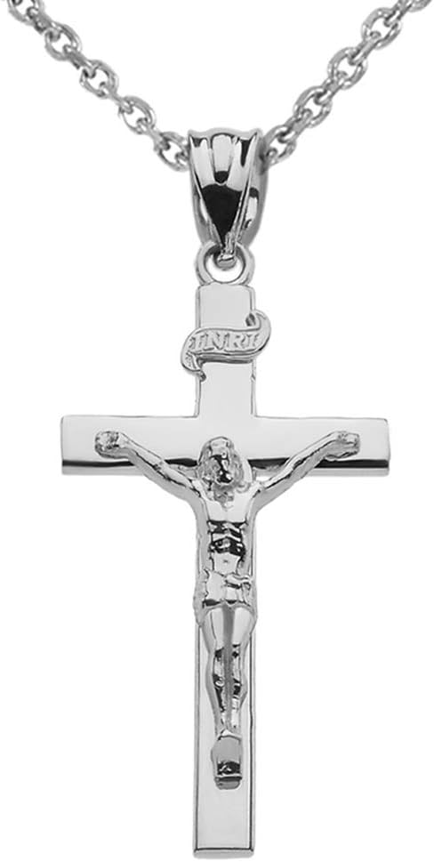 14k White Gold Catholic Jesus Christ on INRI Cross Crucifix Necklace Sizes (S-L)
