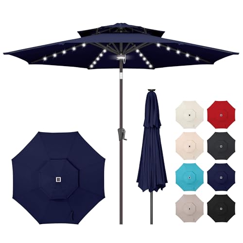 AckMizz 9ft Solar Umbrella Outdoor - 2 Tiers Lighted Solar Patio Umbrella with 40 LED Lights Waterproof UV Protection, Table Umbrella with Tilt for Pool, Porch, Garden, Backyard (Navy Blue)