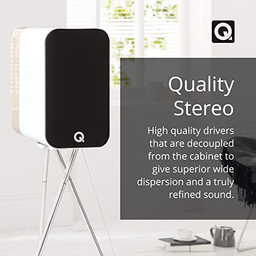 Q Acoustics Concept 300 Bookshelf Speakers Pair White & Oak + Speaker Stands - 2 Way Reflex Enclosure, 6.5" Mid/Bass Driver, 1.1" Tweeter - Stereo Speakers For Home Theater Surround Sound System #TOP4
