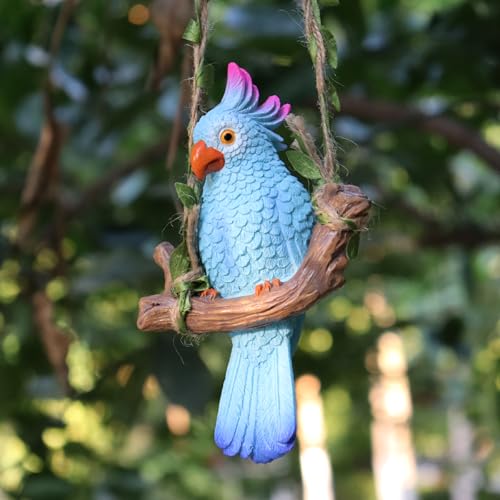 XKFLAUHM Hanging Parrot Garden Decor Tiki Bar Decorations Tropical Outdoor Hanging Bird Statue for Tree Plant Patio Lawn Yard Porch Balconies Decor(Blue)
