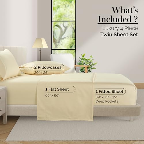Casa Platino 100% Egyptian Cotton Sheets Twin Size Set - 4 Pcs (1 Flat, 1 Fitted, 2 Pillowcases)- Ultra Smooth Sateen Weave Bed Sheets Set with 15" Deep Pockets - Ivory