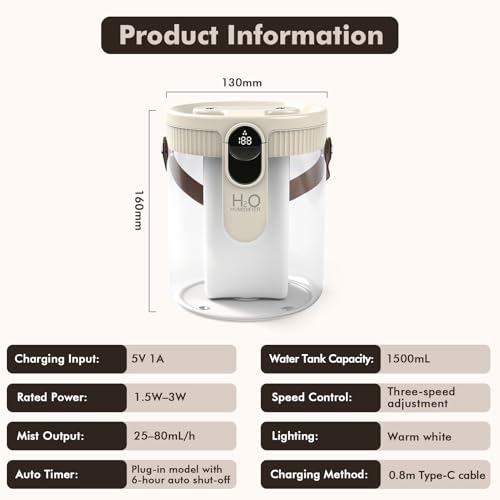 Nikou Humidificador de Aire de 1,5 L, Top-Fill Humidificador de Aire para Bebé, Silenciador Difusor de Aroma Ultrasónico con Luz Nocturna, Boquilla Bidireccional, para Dormitorio, Yoga, Oficina - imagen 6