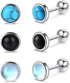 MILACOLATO 3 Pairs 925 Sterling Silver Stud Earrings for Women, Cartilage Earrings Sterling Silver, Synthetic Round Moonstone Turquoise Black Onyx Hypoallergenic Stud Earrings for Girls Children 4MM
