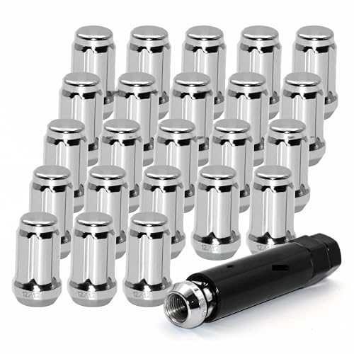 Image of 24 PCS M12x1.25 Chrome Lug Nuts, 1.35 inch Tall Hex Trailer Lug Nuts, 60 Degree Conical Cone Seat with Socket Key, Wheel Lugnuts Compatible with Altima 1993-2022, Maxima 1988-2022