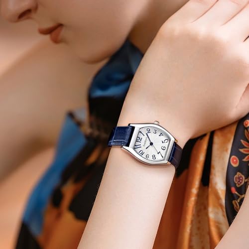 Elegant Barrel-Shaped Women's Watch with Easy Read Arabic Numerals and Stylish Silver-Blue Leather Strap - Image 8
