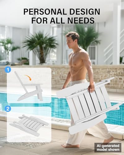 YEFU Folding Oversized Adirondack Chair: Plastic Fire Pit Chair Heavy Duty with Arc Backrest & Cup Holder - All Weather Patio HIPS Adirondack Chairs for Outdoor Lawn Garden Wood-Texture-White - Image 8